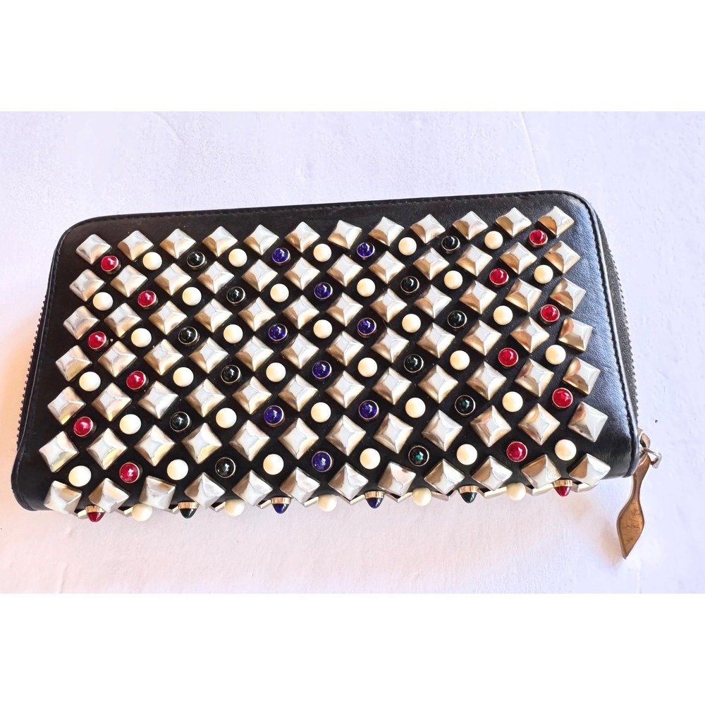 Christian Louboutin Studded Black Leather Zip Around Wallet Red Interior GUC